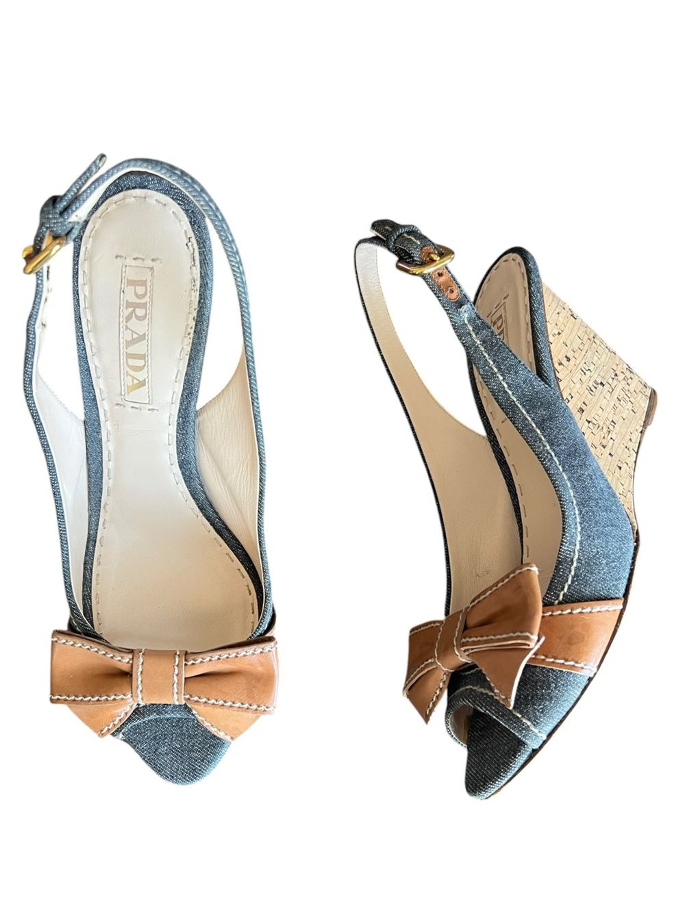 Prada Women’s Peep Toe Denim Cork Leather Bow Wedge Y2K Vintage Heels 38.5